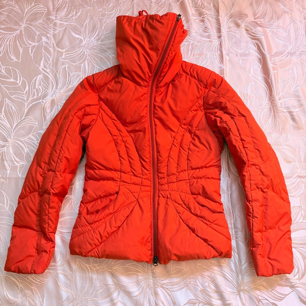 SEVENTY Women's Vibrant Orange Puffer Jacket Plum Feathers - Size SMALL